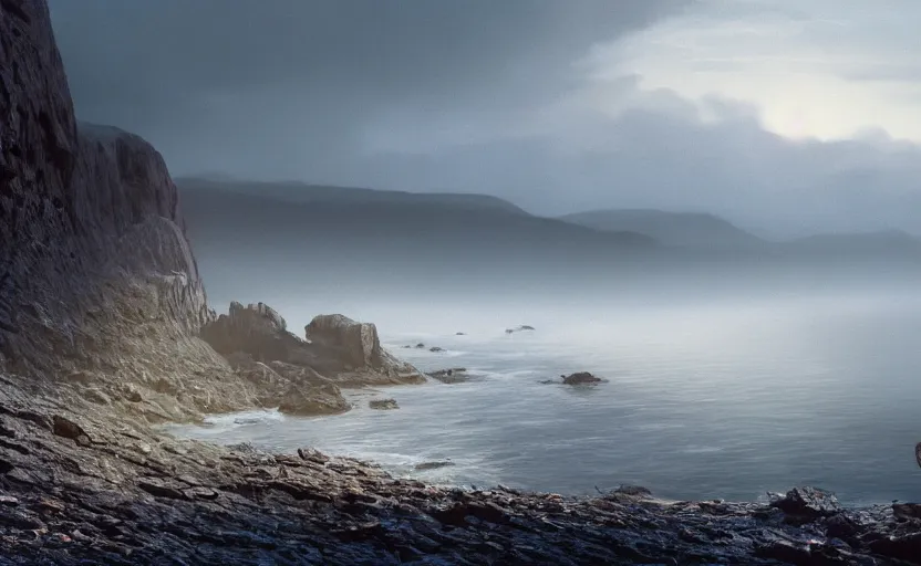 Prompt: exterior traveling greyhound bus circa 2 0 1 5, directed by charlie kaufman ( 2 0 0 1 ) anamorphic lenses, a rocky shore in the foreground, foggy volumetric light morning, a beam of light from the heavens, cinematic trending on artstation in the style of greg rutkowski