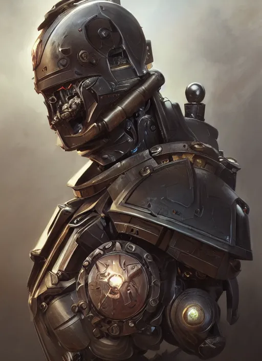 Prompt: hyper realistic portrait of warhammer android machine symmetric cinematic, chaos marine, artstation, cgsociety, full head, greg rutkowski, james gurney, mignola, craig mullins, brom