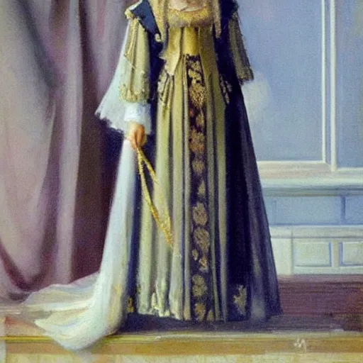 Prompt: beautiful oil painting of grand duchess maria nikolaevna in court dress in 1 9 1 3 by philip de laszlo
