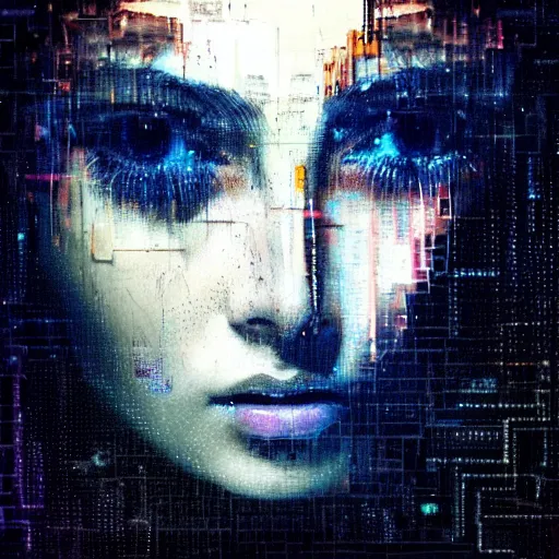 Prompt: hyperrealistic portrait of a young women with shining crystal eyes, by Guy Denning, by Johannes Itten, by Russ Mills, centered, glitch art, hacking effects, digital tech effects, cyberpunk, color blocking! , oil on canvas, intricate detail, concept art, abstract, octane render, octane, cgsociety, 8k, trending on artstation