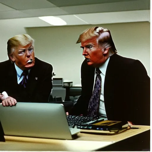 Image similar to candid color photo of Donald Trump sitting at a bank of very complicated, 1970's looking computers (designed by gucci ) working through the night in his theoretical physics lab with his old nemesis george lucas. They are both frustrated at not having cracked the theorem. photo by annie leibowitz