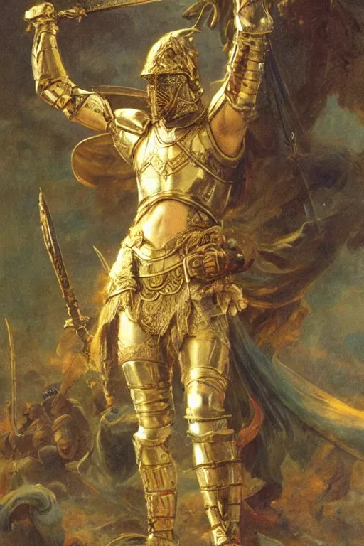 Image similar to a large broad - shouldered paladin warrior in intricate armor after a long battle, with a long broadsword, by adrian smith and delphin enjolras and daniel f. gerhartz and pierre auguste cot