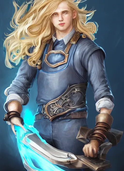 Image similar to a highly detailed illustration of long wavy bright blonde haired effeminate boy wearing blue blacksmith apron and iron mechanical arms, blue eyes, dramatic smiling pose, perfect face, symmetrical eyes, intricate, elegant, highly detailed, centered, digital painting, artstation, concept art, smooth, sharp focus, league of legends concept art, wlop