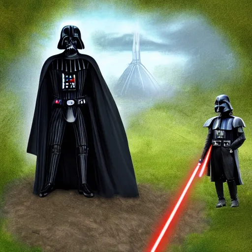 Prompt: darth vader visiting frodo in the shire, digital art,