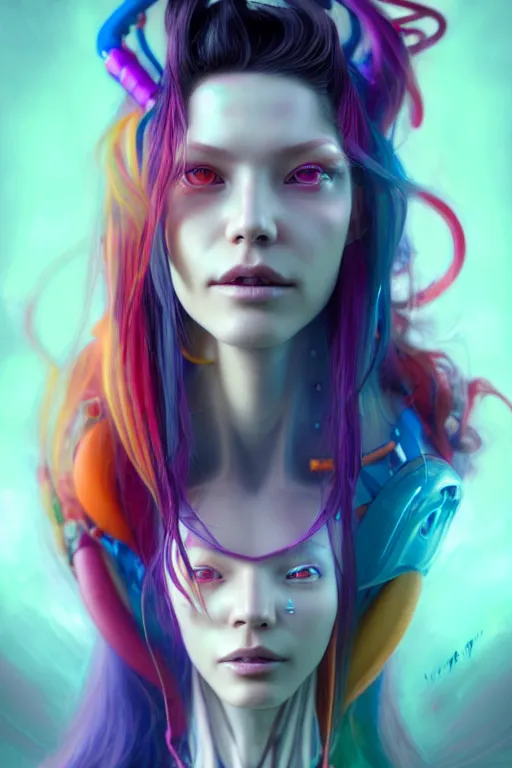 Image similar to a half body image of a beautiful young 28th century super cool post-human female wiht long colorful hair, barely human and largely biomechanical machine, hyper-realistic cyberpunk style, designs by Peter Mohrbacher Takayuki Takeya moody, face by Yanjun Cheng, Irakli Nadar, models by 500px, dramatic cinematic lighting rendered by octane, 8k, detailed, intricate, clean and textures, trending on artstation, deviantart google images, pinterest