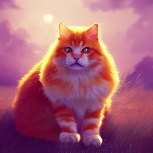 Image similar to colossal fluffy orange tabby cat, golden hour, fantasy, vivid colors, sharp focus, digital art, hyper - realistic, 4 k, unreal engine, highly detailed, hd, dramatic lighting by brom, trending on artstation