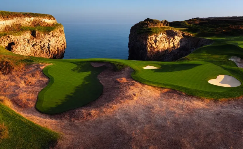 Image similar to a great photograph of the most amazing golf hole in the world, incredible light, cliffs by the sea, perfect green fairway, human perspective, ambient light, 5 0 mm, golf digest, top 1 0 0, fog