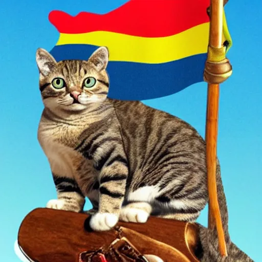 Image similar to a small cat warrior with his national flag riding a large cat steed