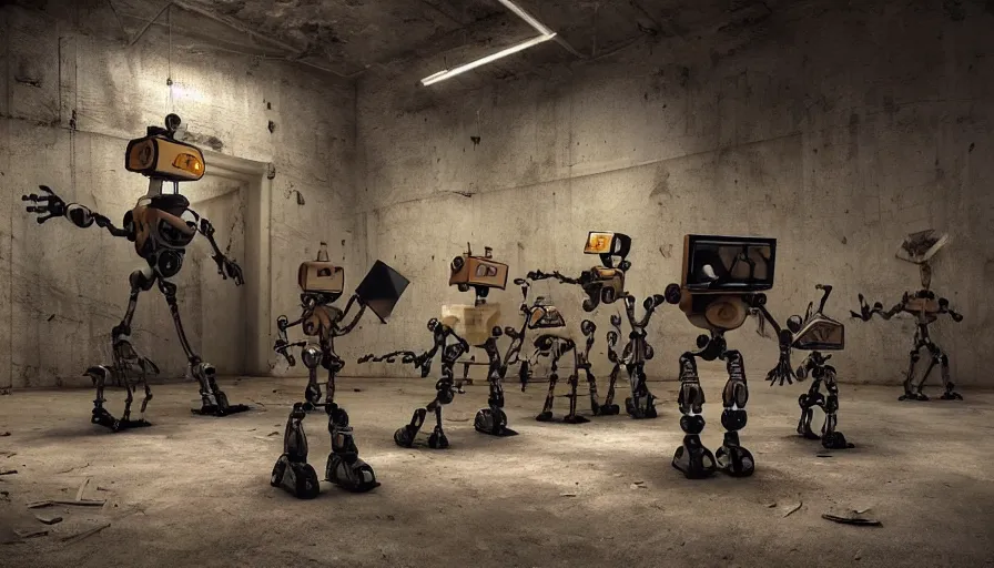 Image similar to robots in an abandoned decrepit art gallery, photos of natural landscapes on walls, robots stand in front of landscape paintings, robots holding paintbrushes and easels, landscape paintings on canvas, 4 k, dramatic lighting, cinematic lighting, robot painter, canvases