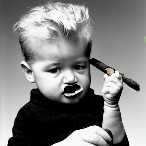 Image similar to david lynch as a baby smoking a cigar h 6 4 0