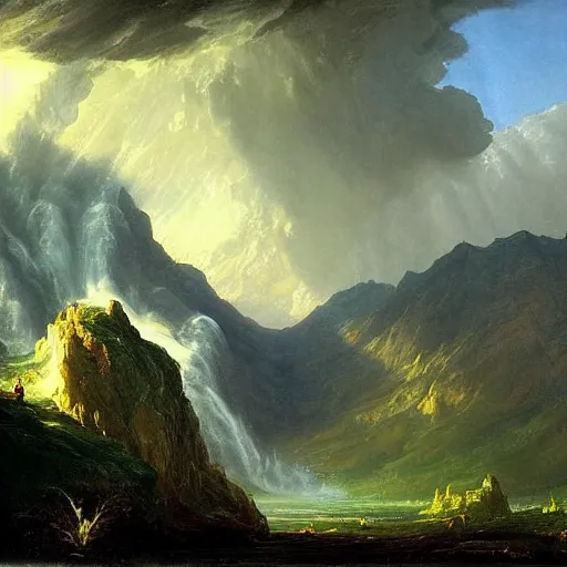 Prompt: very very detailed painting of mountains with storm clouds and dramatic lighting, ray of sun, style of thomas cole