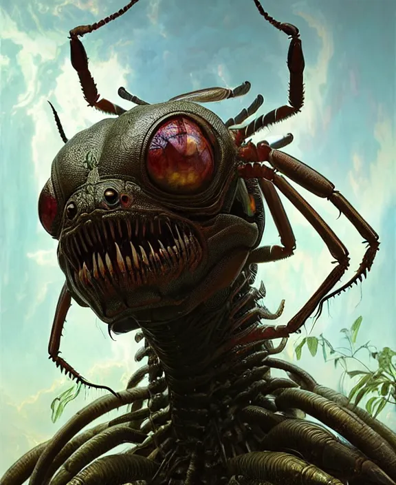 Image similar to intricate portrait of a scary alien insect creature, adorable, childlike, overgrown environment, ultra realistic, concept art, maximalist, photorealistic, octane render, 8 k, unreal engine. art by christopher marley and artgerm and greg rutkowski and alphonse mucha
