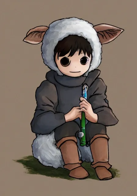 Image similar to little boy wearing sheep suit playing an flute sitting on bed. white, gray, blue, green and brown pallet color. made in abyss art style, inspired in kris from deltarrune, cute detailed artwork, anatomically correct