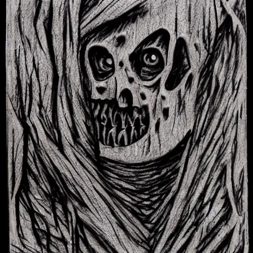 Image similar to a scary horror themed wooden shred drawn with charcoal and pen and ink, half-tone-line-stacking