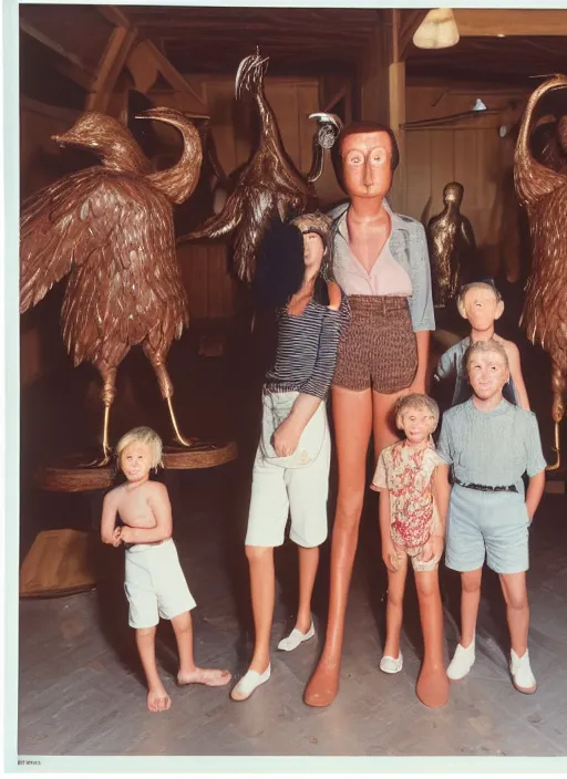 Image similar to realistic photo of the family wearing fluffy shorts, faceless, no face, polished and fancy, standing in the wooden expensive interior room full of wooden bird idol sculptures 1 9 9 0, life magazine reportage photo