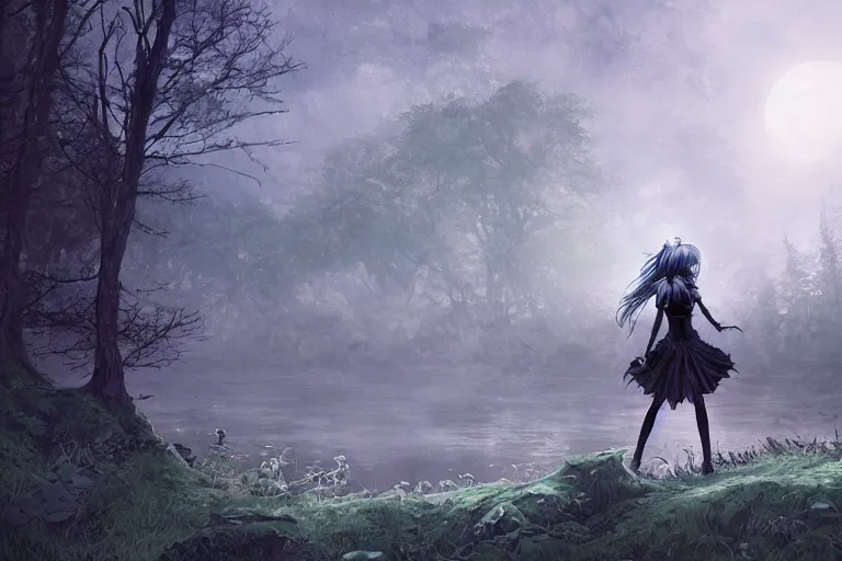 Image similar to goth woman in a moonlight view, in a forest, a river, tankoban, 4 k, tone mapping, akihiko yoshida, james jean andrei riabovitchev marc simonetti, yoshitaka amano, long hair, curly, h. hydrochaeri