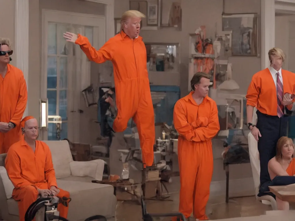 Prompt: screenshot of donald trump in arrested development wearing an orange jumpsuit