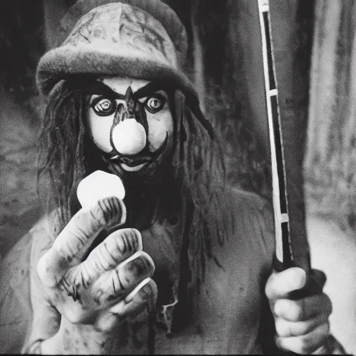 Image similar to a beige clown holding a machete, 3 5 mm film