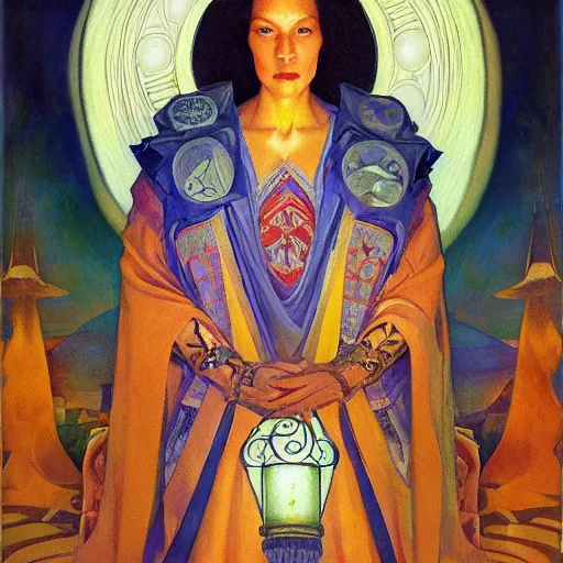 Image similar to queen of the dawn with her lantern and regalia, by donato giancola and nicholas roerich, and diego rivera, symbolist, tattoos, dramatic lighting, elaborate geometric ornament, art brut, god rays, soft cool colors, smooth, sharp focus, extremely detailed