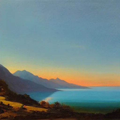 Prompt: mountains in the foreground, sea in the background at dawn, painting