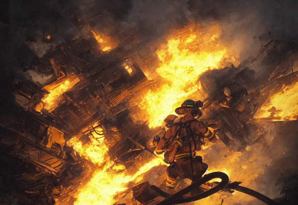 Prompt: one heroic firefighter in action in black and yellow uniform, fire flames, sharp details, sharp focus, realistic, highly detailed, illustration, by jordan grimmer and greg rutkowski and pine ( ハイネ ) and 薯 子 imoko and 香 川 悠 作 and wlop and maya takamura, intricate