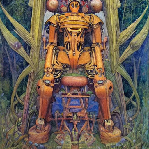 Prompt: robot seizes the forest throne, by Annie Swynnerton and Diego Rivera and Elihu Vedder, symbolist, dramatic lighting, elaborate geometric ornament, tattoos, Art Brut, soft cool colors,smooth, sharp focus, extremely detailed, Adolf Wölfli and Donato Giancola