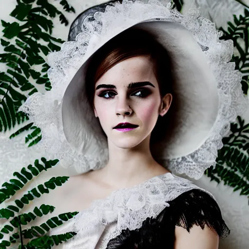 Image similar to on texture paper full body fashion model emma watson smokey eyes makeup eye shadow fantasy, glow, shimmer as victorian woman in a long white frilly lace dress and a large white hat having tea in a sunroom filled with flowers, roses and lush fern flowers ,intricate, night, highly detailed, dramatic lighting , high quality