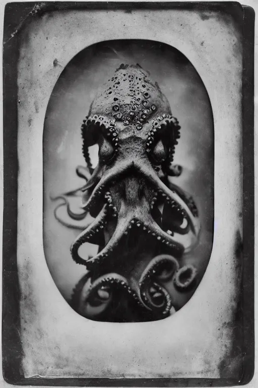 Prompt: a wet plate photo of an anthropomorphic octopus dressed as pope