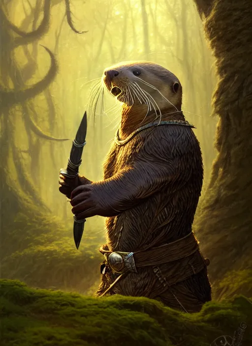 Image similar to a film still portrait of a otter warrior, finely detailed features, cinematic lighting, perfect art, brian jacques redwall woodland, forest, intricate, artstation, trending on pixiv fanbox, painted by brian jacques greg rutkowski, studio ghibli, fantasy, 4 k