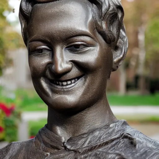 Prompt: statue smiling wide guy high red eyes fake smiles