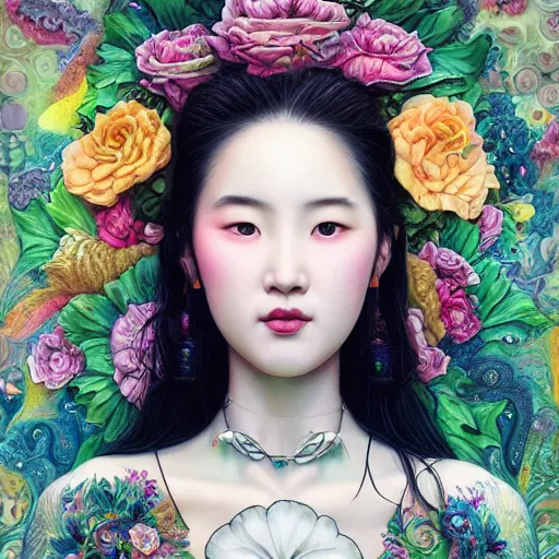 Image similar to portrait of liu yifei, hyper detailed masterpiece, neon floral pattern, jean giraud, digital art painting, darkwave goth aesthetic, psychedelic, artgerm, donato giancola and tom bagshaw