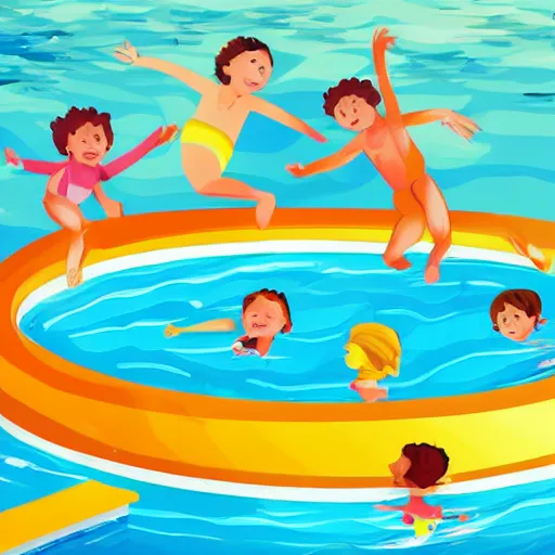 Image similar to a colorful and playful illustration of children playing in a swimming pool