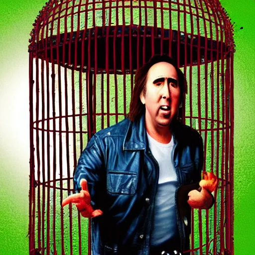 Prompt: nicolas cage trapped in a wicker cage with a mouth full of peas