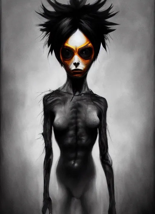 Image similar to dark portrait painting of tracer from overwatch, in style of zdzisław beksinski, scary, horror, 4 k, feminine facial features, overwatch tracer character, horror, body horror, silhoutte, disturbing, detailed face, dressed in dark garment, black tendrils, tall,