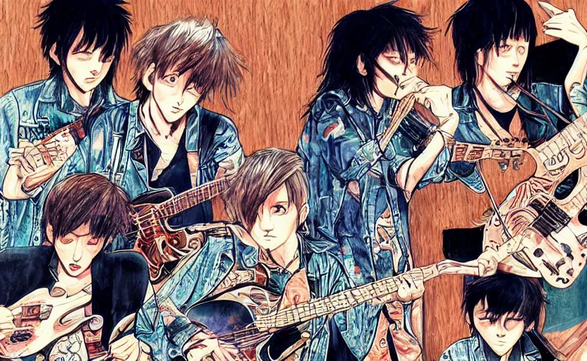 Image similar to yes band covers in a hyper surealism style, ultra detailed, in subtle colors, manga style.