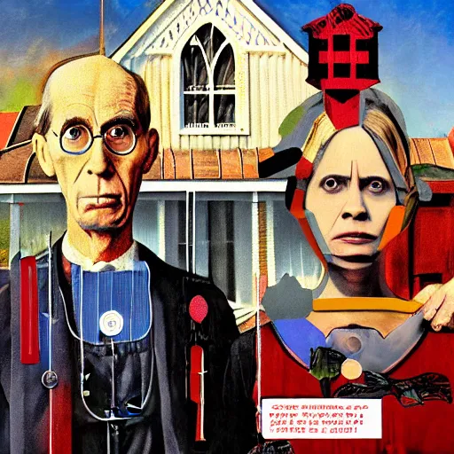 Prompt: American Gothic, with Doctor Who and the TARDIS, by MARVEL comics and Sandra Chevrier, 8k