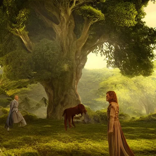 Image similar to frodo & sam & yavanna under tree in valinor lord of the rings, movie still, 4 k, octane render