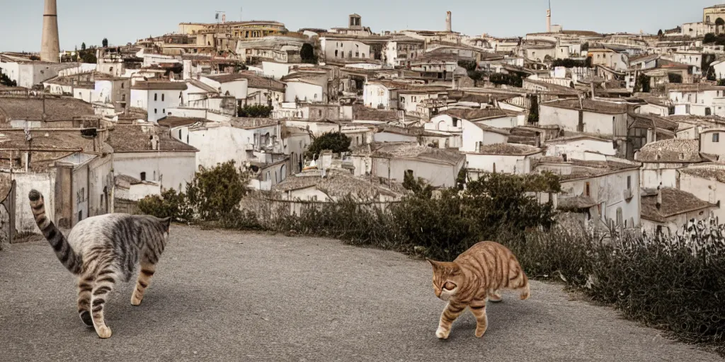 Image similar to photography of a cat running away with mortadella in his mouth at trullo houses town in the background, photoreal, 3 5 mm, award winning photography