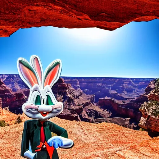 Image similar to Photo of a 3D Bugs Bunny in front of the Grand Canyon, sweating profusely, photography, HDR