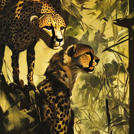 Image similar to cheetah in the jungle by dave mckean and yoji shinkawa, oil on canvas