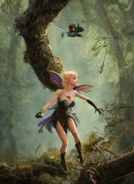 Image similar to evil tinker bell flying in an enchanted forest, flawless symmetrical pretty cute face, greg rutkowski, 8 k, shallow depth of field, intricate detail, concept art,