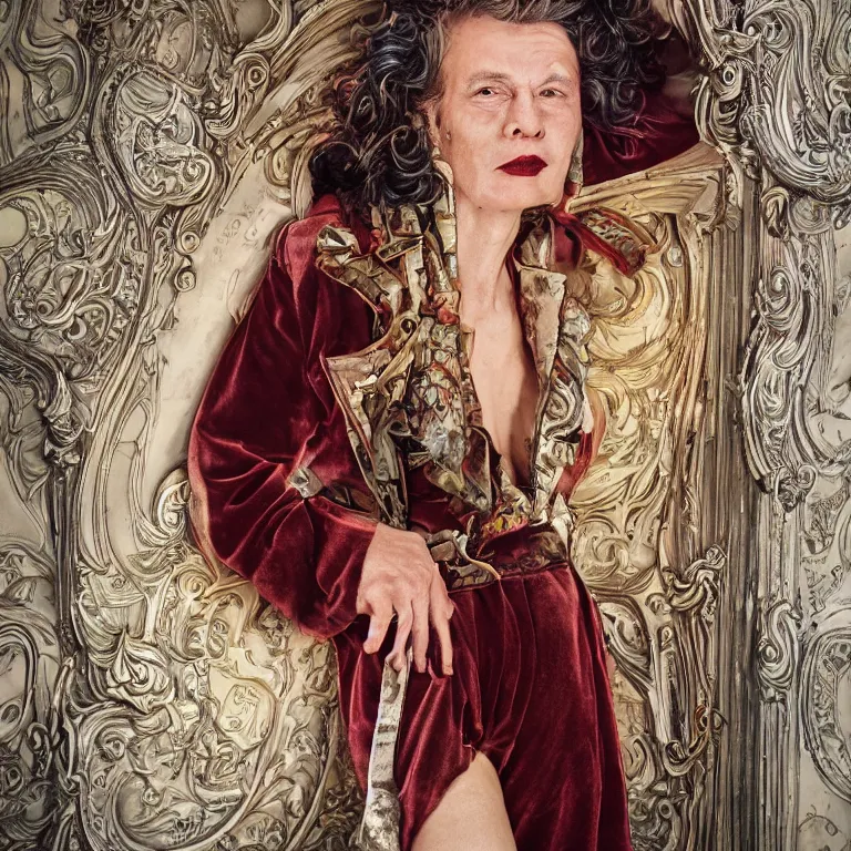 Image similar to vogue photoshoot octane render portrait by wayne barlow and carlo crivelli and glenn fabry, an old eccentric french detective in a colorful vintage velvet tuxedo in a high - end exotic vintage boutique hotel, very short depth of field, bokeh