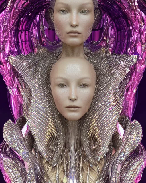 Prompt: a highly detailed metahuman 4 k close up render of an alien goddess bella hadid monument techno in iris van herpen dress schiaparelli in diamonds crystals swarovski and jewelry iridescent in style of alphonse mucha gustav klimt trending on artstation made in unreal engine 4