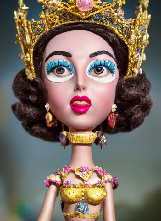 Image similar to closeup face profile portrait of tin toy elizabeth taylor as a fairytale princess wearing a crown eating cakes, bikini, depth of field, zeiss lens, detailed, symmetrical, centered, fashion photoshoot, by nicoletta ceccoli, mark ryden, lostfish, breathtaking, 8 k resolution, extremely detailed, beautiful, establishing shot, artistic, hyperrealistic, octane render