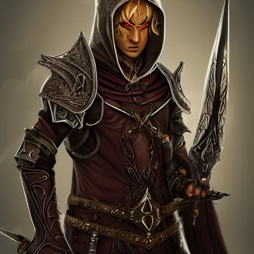 Prompt: hooded male elven arcane trickster assassin detailed 4k art