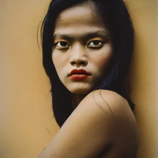 Image similar to Exotic woman. Portrait. Medium shot. Facial detail. CineStill