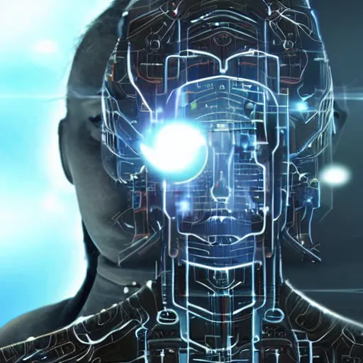 Prompt: a godlike ai rules over humanity as they worship it