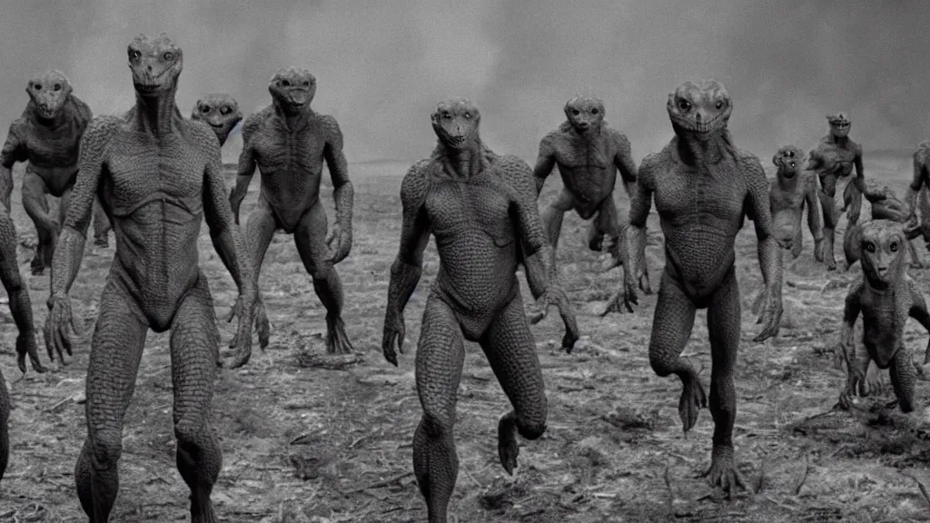 Image similar to movie scene of a group of draconian humanoids arriving to earth, reptil, reptilian, movie still, cinematic composition, cinematic light, criterion collection, reimagined by industrial light and magic, Movie by David Lynch and Ridley Scott