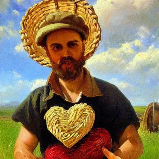 Prompt: a beautiful painting of an european instagram heart farmer. in his arm he has a basket full of hearts. in style of ilya repin, trending on artstation