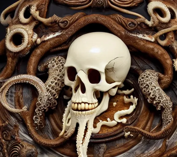 Image similar to an intricately detailed carving in an human - octopus skull, rococo ornate bone and ivory sculpted skull with teeth and tentacles, horror, artifact, micro detailed, inscribed with occult symbols, otherworldly